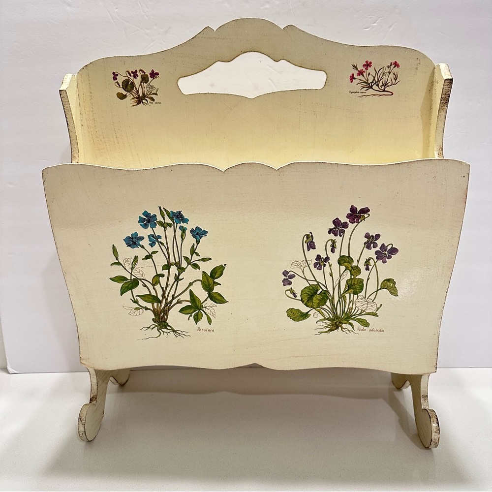 Bloomingdale’s Italian Florentine Distressed Wood Magazine Rack Botanical Print‎